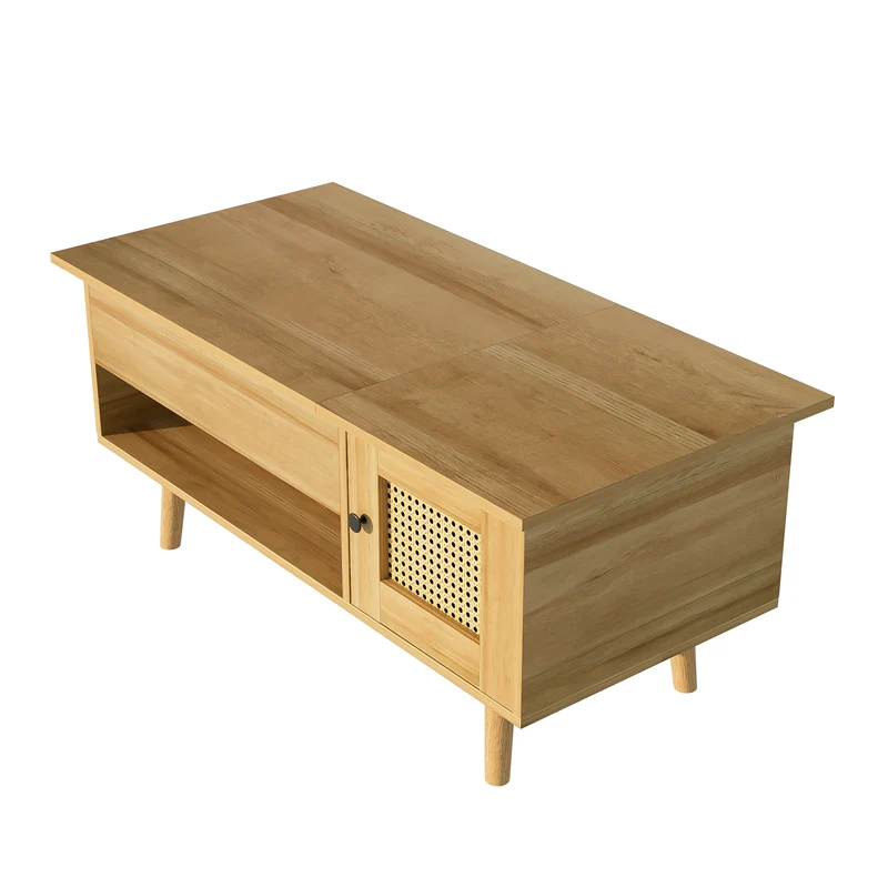 Table basse relevable effet bois 2 portes en rotin 103*50cm DHANNANS