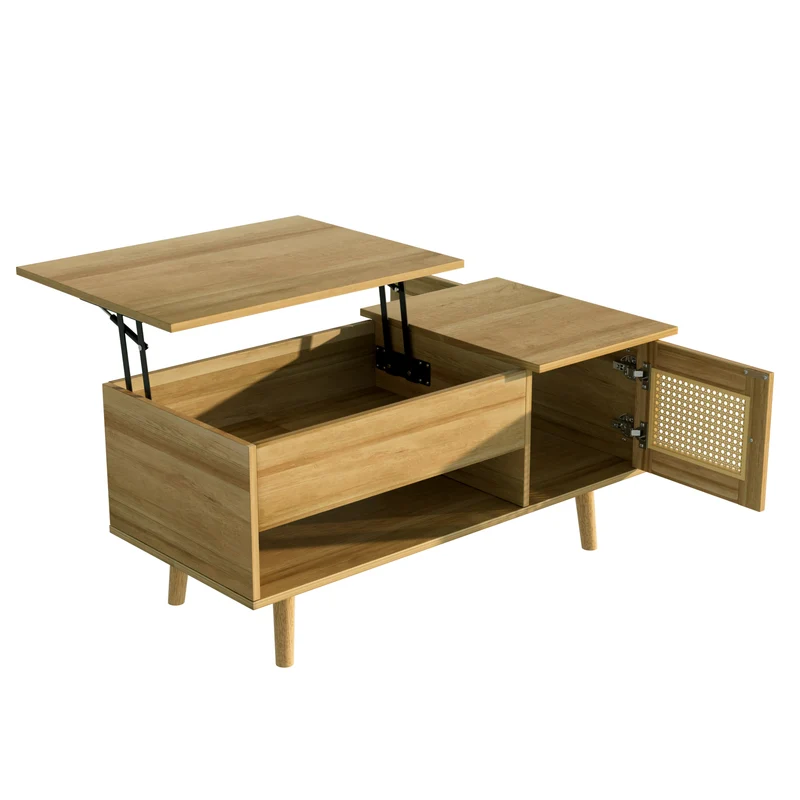 Table basse relevable effet bois 2 portes en rotin 103*50cm DHANNANS