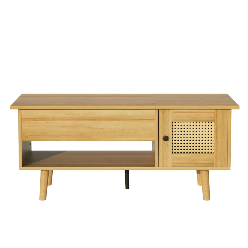 Table basse relevable effet bois 2 portes en rotin 103*50cm DHANNANS