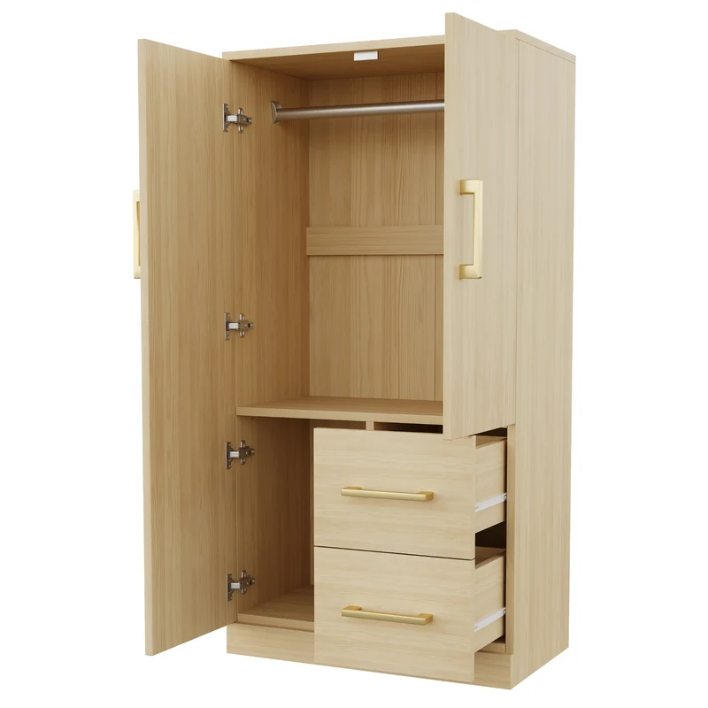 Armoire effet bois naturel avec double porte, et 2 tiroirs 70x40x135cm WAXINGHORN