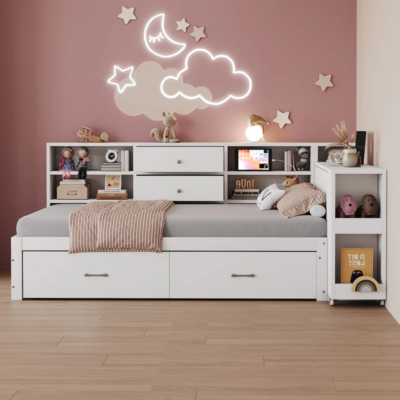 Lit banquette simple blanc avec étagère, bureau rétractable et ports USB/prise (matelas non inclus) COPALDROP