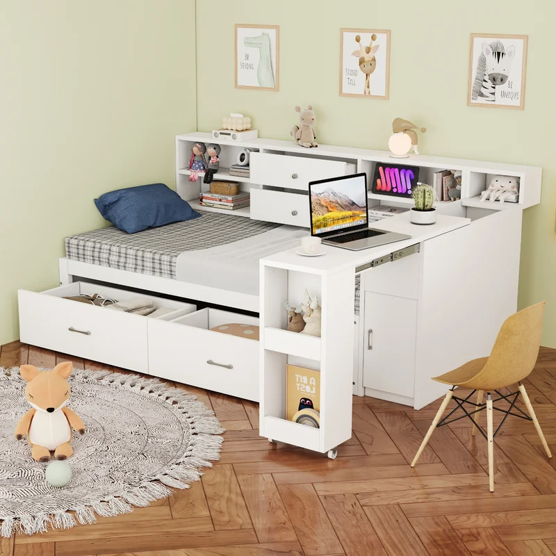 Lit banquette simple blanc avec étagère, bureau rétractable et ports USB/prise (matelas non inclus) COPALDROP