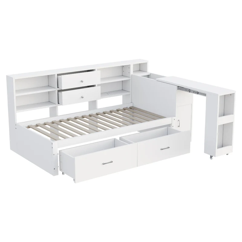 Lit banquette simple blanc avec étagère, bureau rétractable et ports USB/prise (matelas non inclus) COPALDROP
