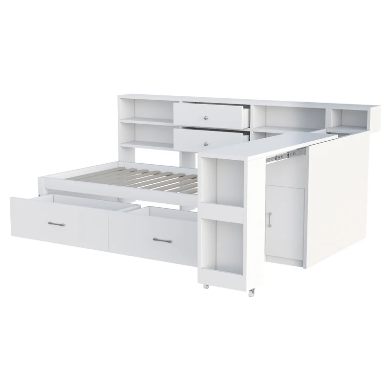 Lit banquette simple blanc avec étagère, bureau rétractable et ports USB/prise (matelas non inclus) COPALDROP