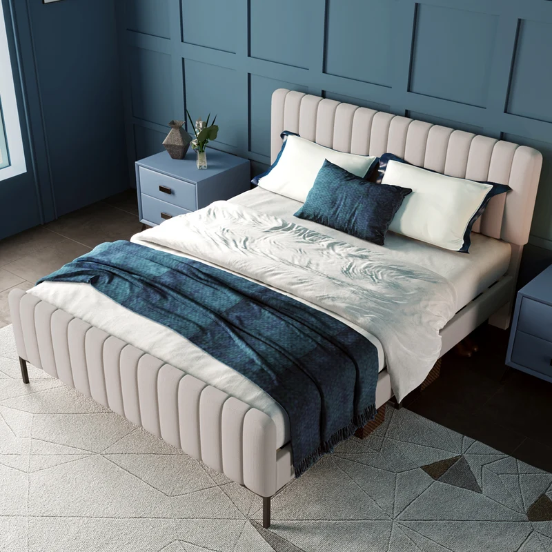Lit rembourré en lin gris-beige cadre lit double King 180x200cm EGMOID SUPER KING
