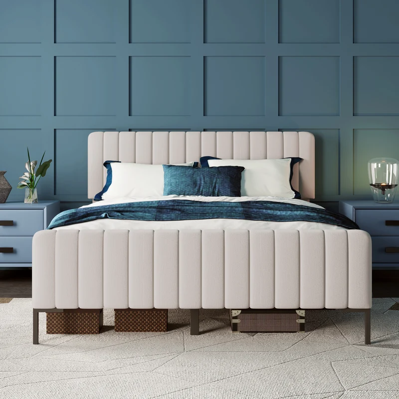 Lit rembourré en lin gris-beige cadre lit double King 180x200cm EGMOID SUPER KING