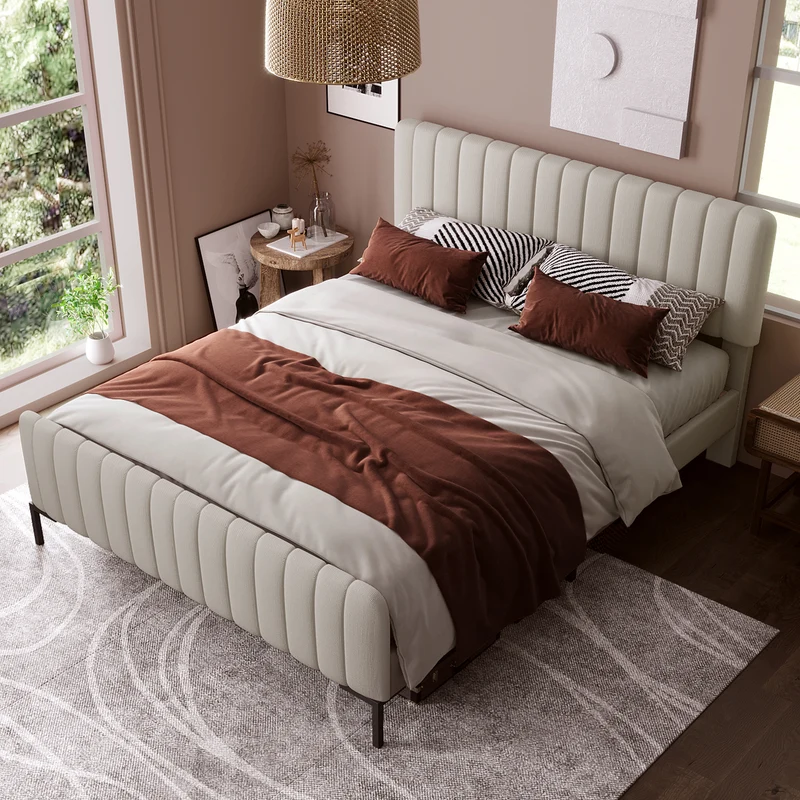 Lit rembourré en lin gris-beige cadre lit double King 180x200cm EGMOID SUPER KING