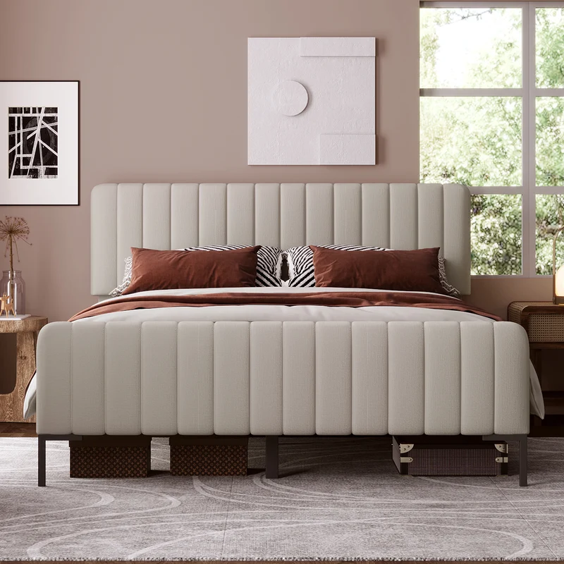 Lit rembourré en lin gris-beige cadre lit double King 180x200cm EGMOID SUPER KING