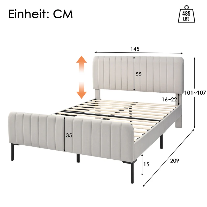 Lit rembourré en lin gris-beige cadre lit double King 180x200cm EGMOID SUPER KING