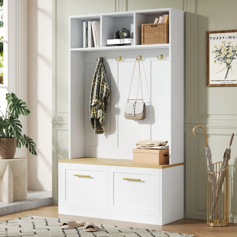 Vestiaire à l'entrée blanc compacte avec banc, rangement ouvert et 2 portes 105x40x180cm MERIDIANSOL