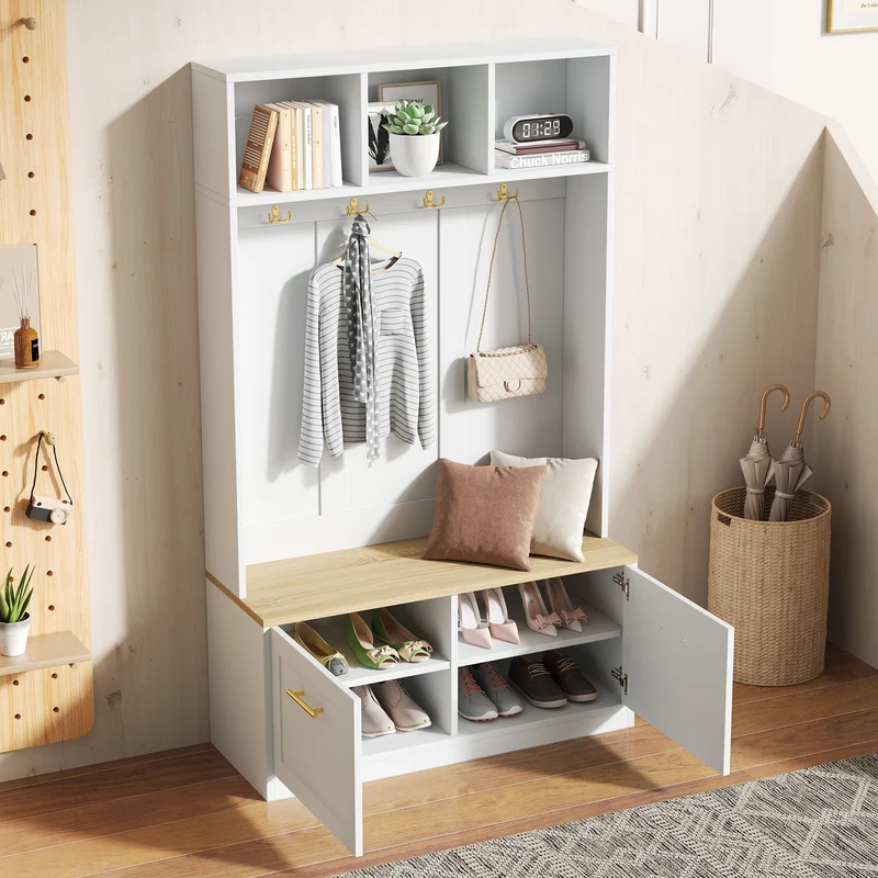 Vestiaire à l'entrée blanc compacte avec banc, rangement ouvert et 2 portes 105x40x180cm MERIDIANSOL