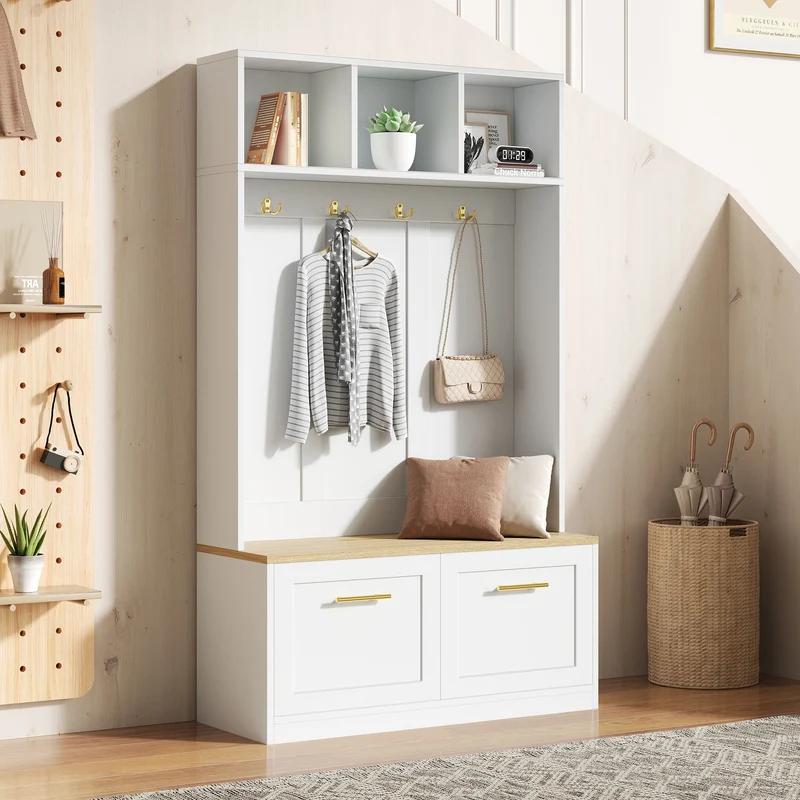 Vestiaire à l'entrée blanc compacte avec banc, rangement ouvert et 2 portes 105x40x180cm MERIDIANSOL