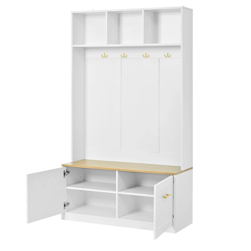 Vestiaire à l'entrée blanc compacte avec banc, rangement ouvert et 2 portes 105x40x180cm MERIDIANSOL