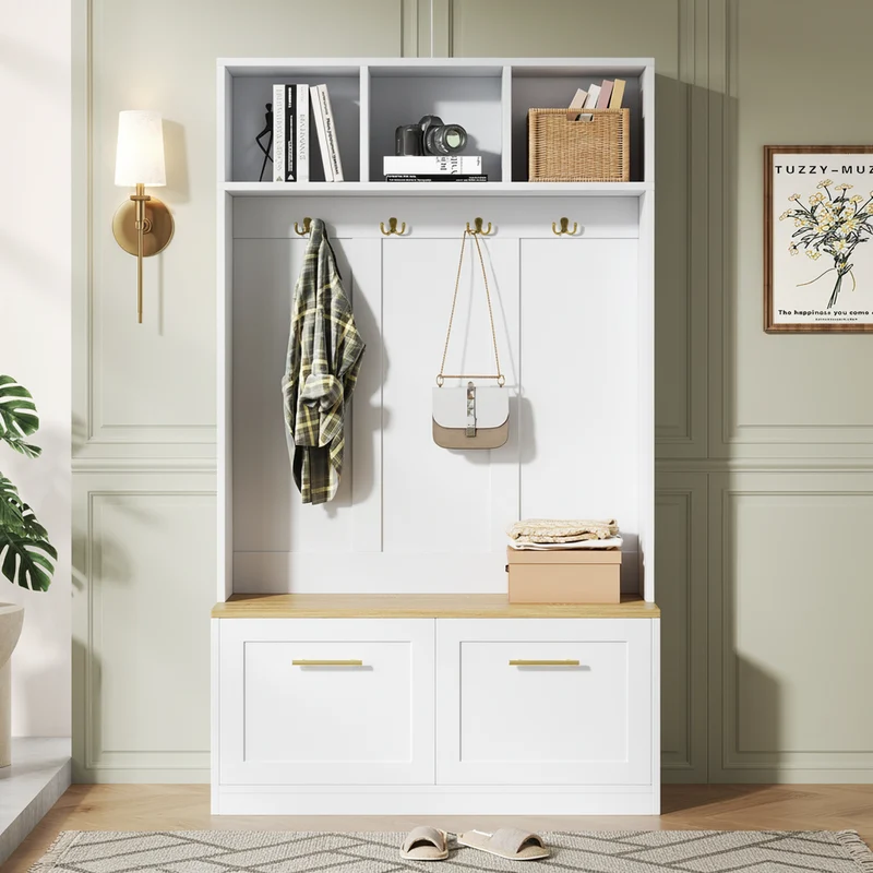 Vestiaire à l'entrée blanc compacte avec banc, rangement ouvert et 2 portes 105x40x180cm MERIDIANSOL