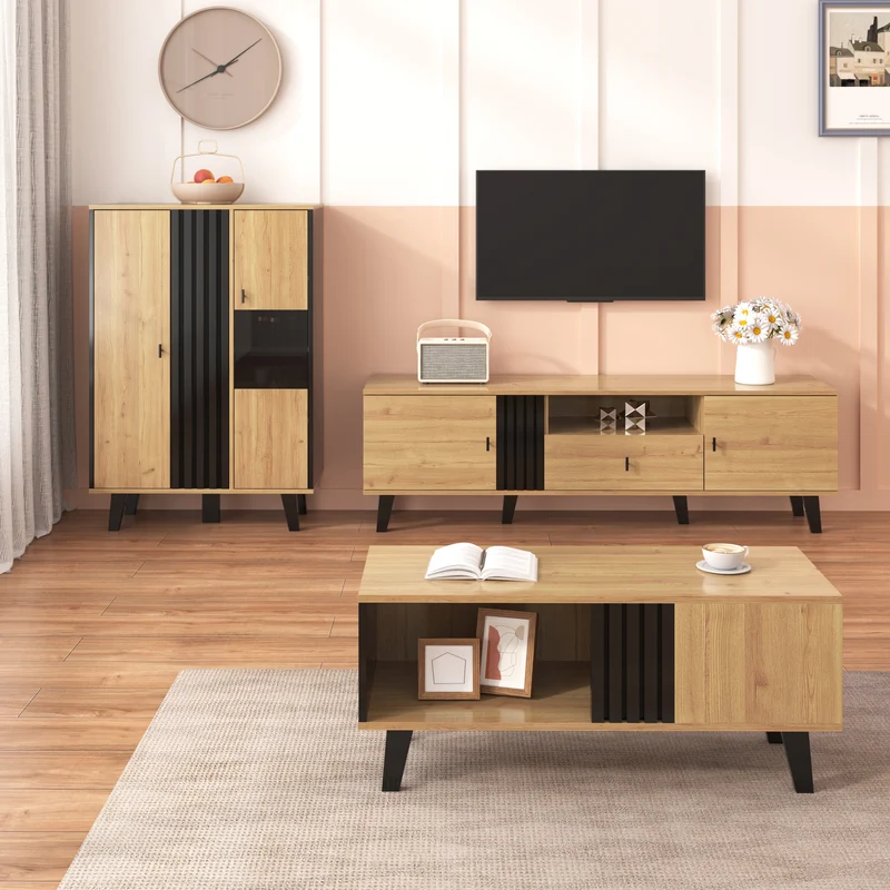 Table basse rectangulaire industriel effet bois et noir rangement 3 cotés 100x60x43cm TRONNEALL