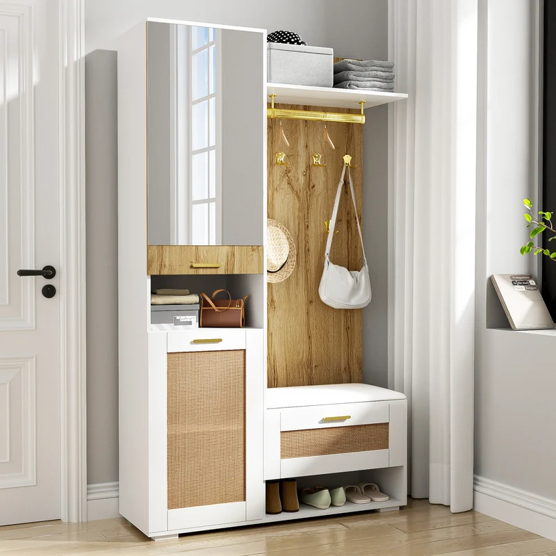 Vestiaire à l'entrée blanc effet bois avec miroir, éclairage LED et patères dorées ELEGANT SPHERE