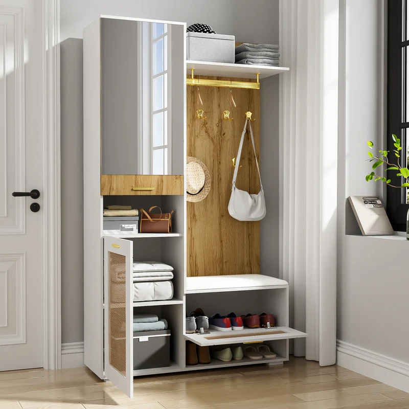 Vestiaire à l'entrée blanc effet bois avec miroir, éclairage LED et patères dorées ELEGANT SPHERE