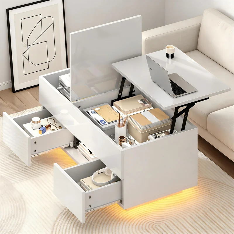 Table basse relevable blanc brillant 2 tiroirs avec LED 100x45x43cm QUASARTHAL
