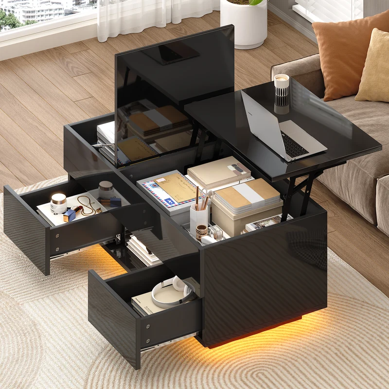 Table basse relevable noire brillante 2 tiroirs avec LED 100x45x43cm QUASARVYR