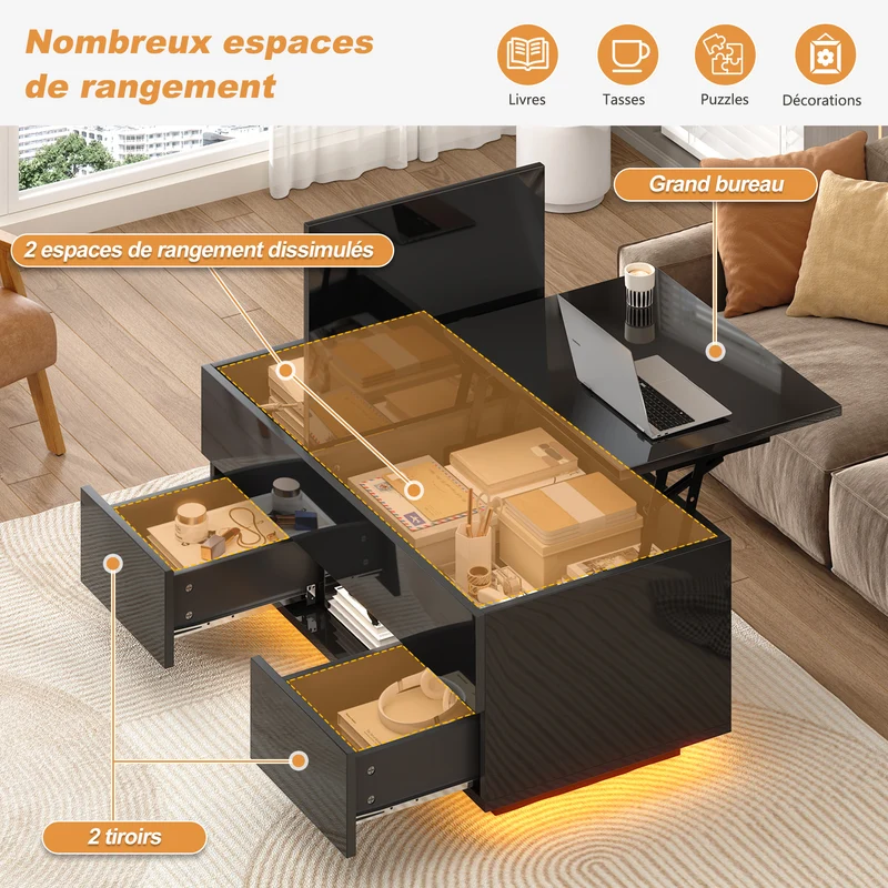 Table basse relevable noire brillante 2 tiroirs avec LED 100x45x43cm QUASARVYR