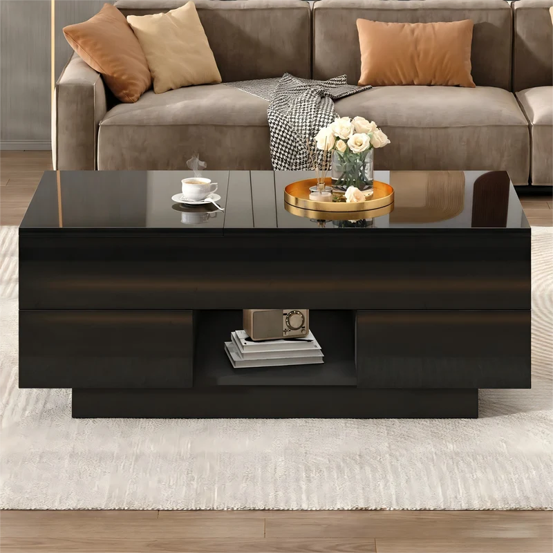Table basse relevable noire brillante 2 tiroirs avec LED 100x45x43cm QUASARVYR