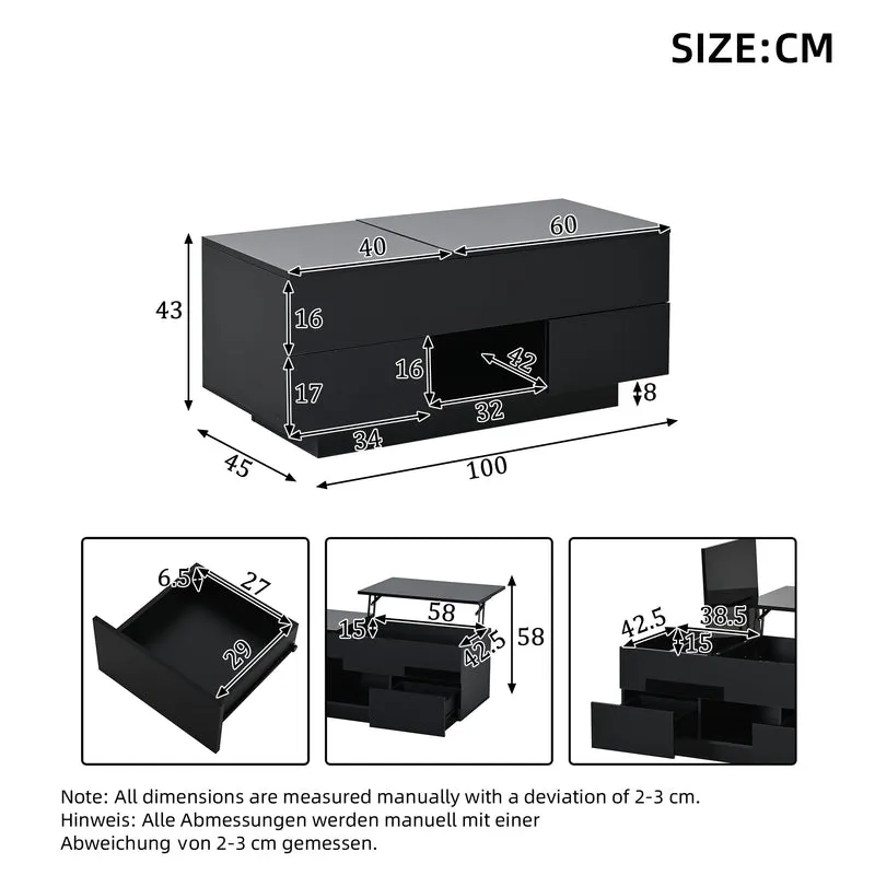 Table basse relevable noire brillante 2 tiroirs avec LED 100x45x43cm QUASARVYR