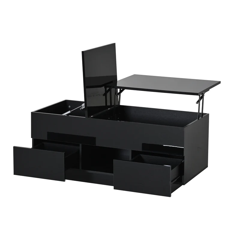 Table basse relevable noire brillante 2 tiroirs avec LED 100x45x43cm QUASARVYR