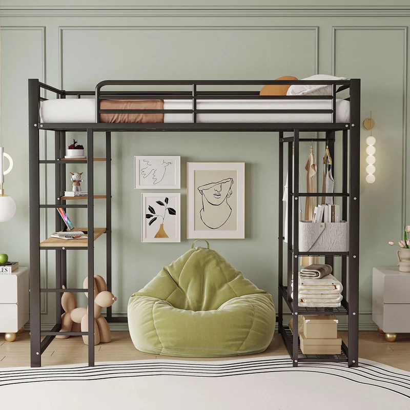 Lit mezzanine métallique avec bureau, étagères et espace rangement 90*200 NUCCUKS