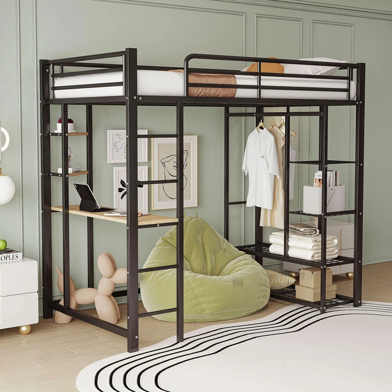 Lit mezzanine métallique avec bureau, étagères et espace rangement 90*200 NUCCUKS