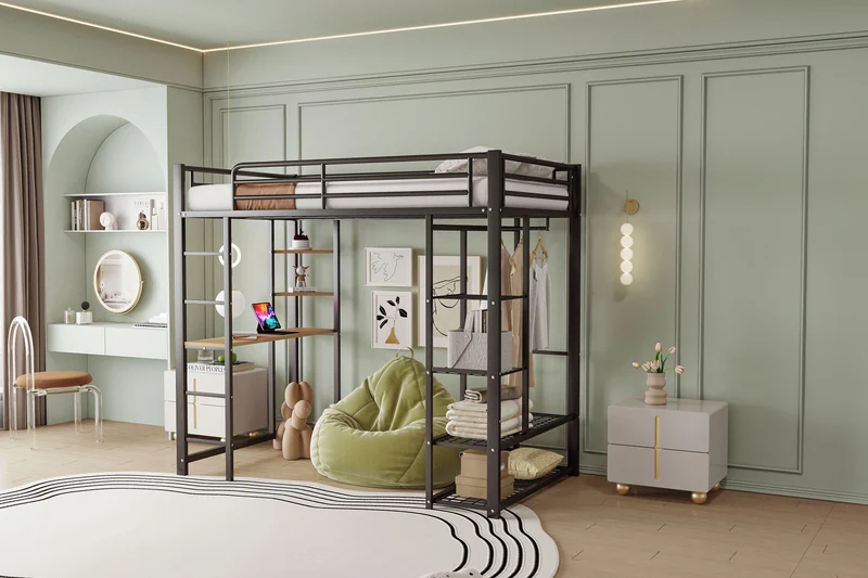 Lit mezzanine métallique avec bureau, étagères et espace rangement 90*200 NUCCUKS