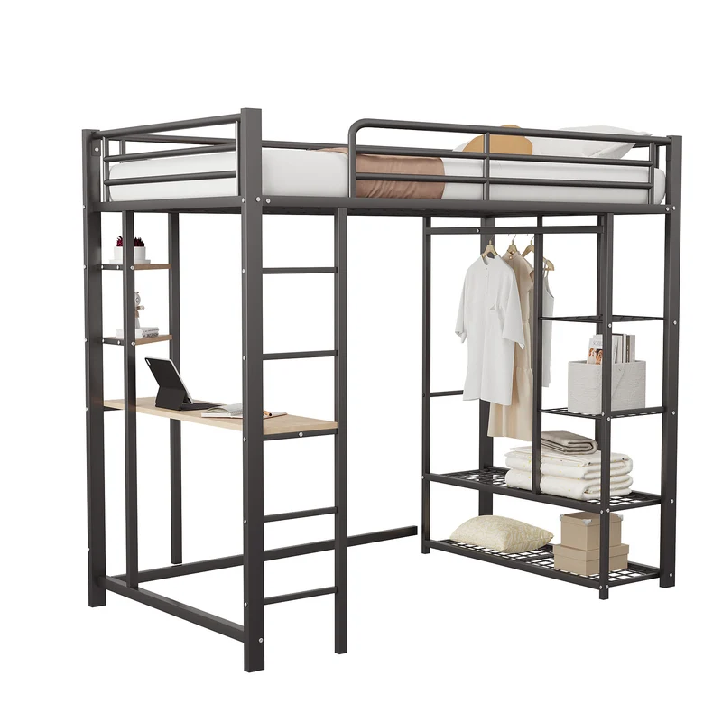 Lit mezzanine métallique avec bureau, étagères et espace rangement 90*200 NUCCUKS