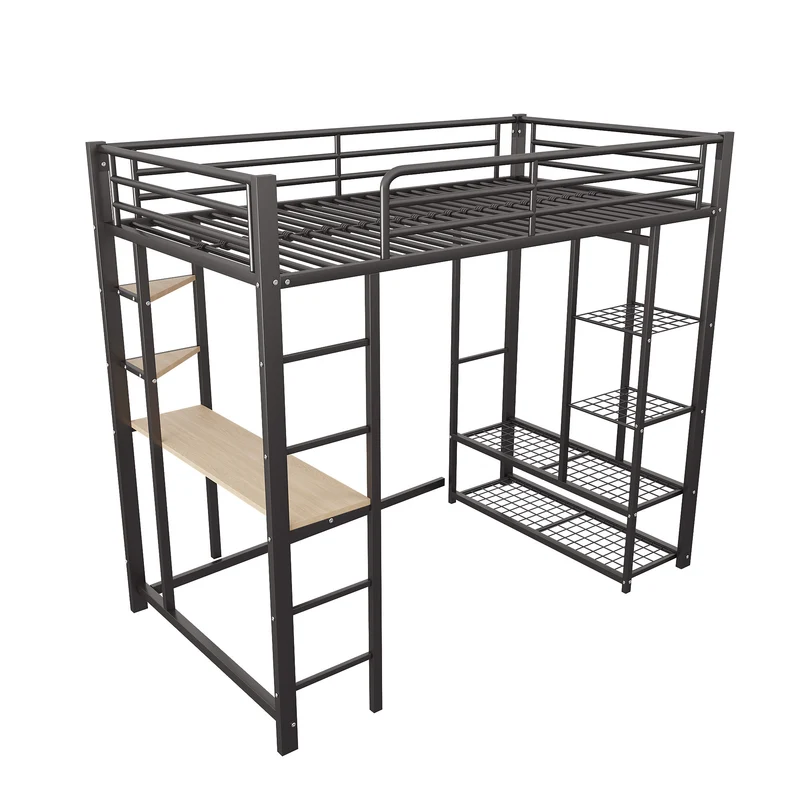 Lit mezzanine métallique avec bureau, étagères et espace rangement 90*200 NUCCUKS