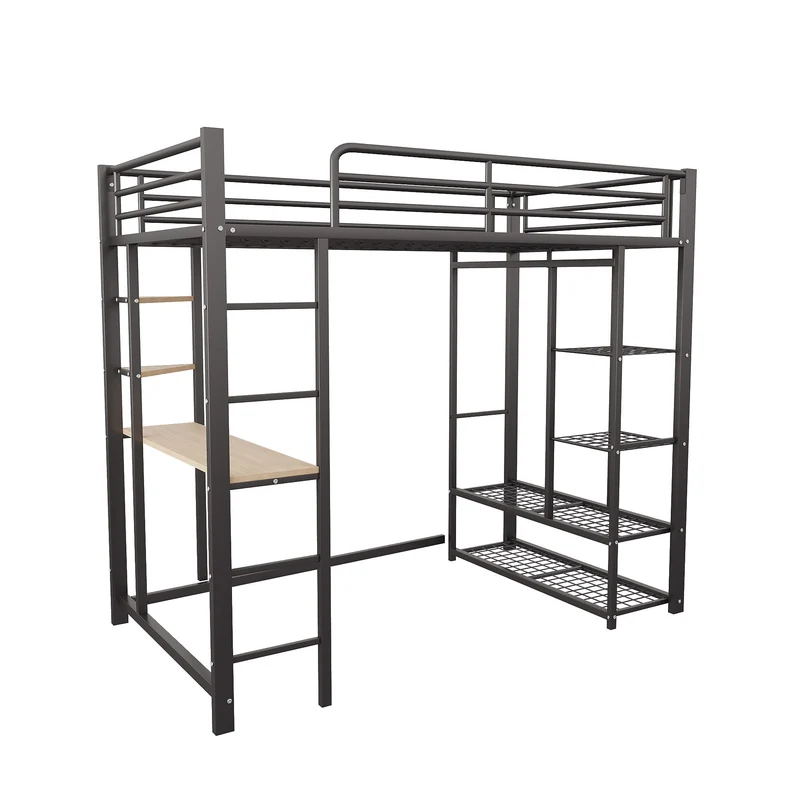 Lit mezzanine métallique avec bureau, étagères et espace rangement 90*200 NUCCUKS