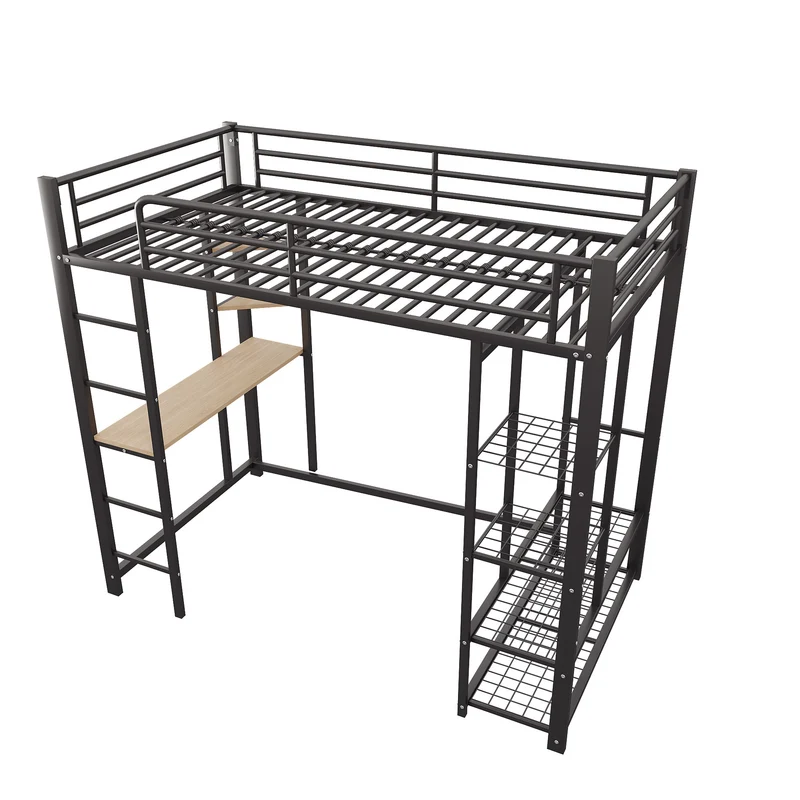 Lit mezzanine métallique avec bureau, étagères et espace rangement 90*200 NUCCUKS