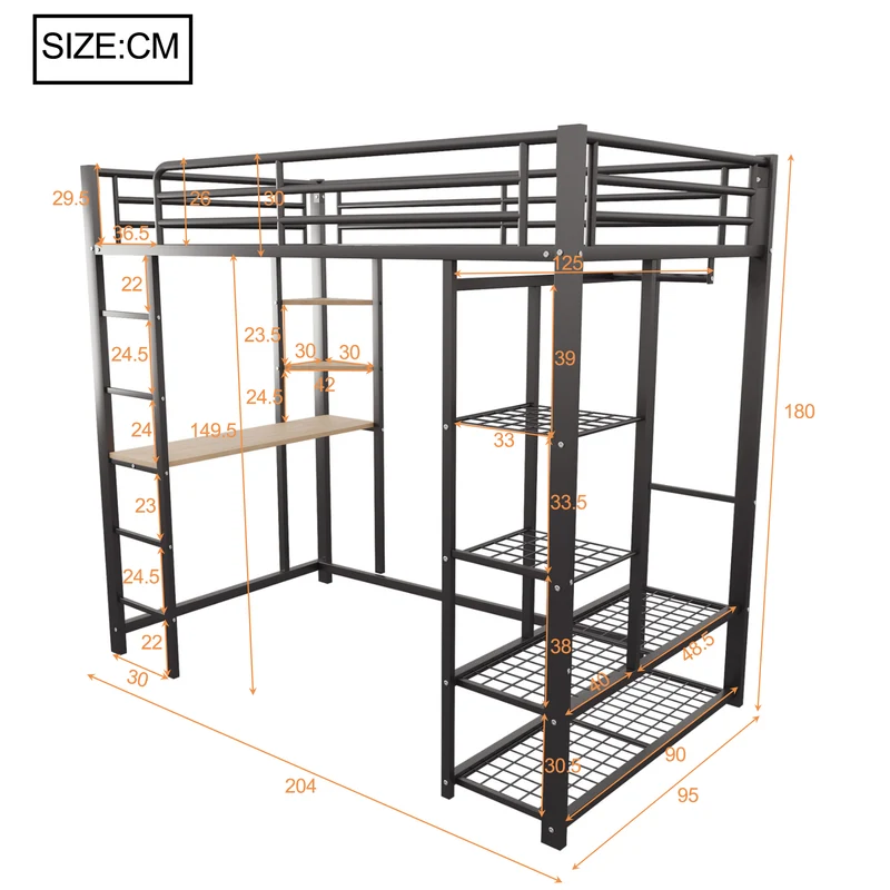 Lit mezzanine métallique avec bureau, étagères et espace rangement 90*200 NUCCUKS