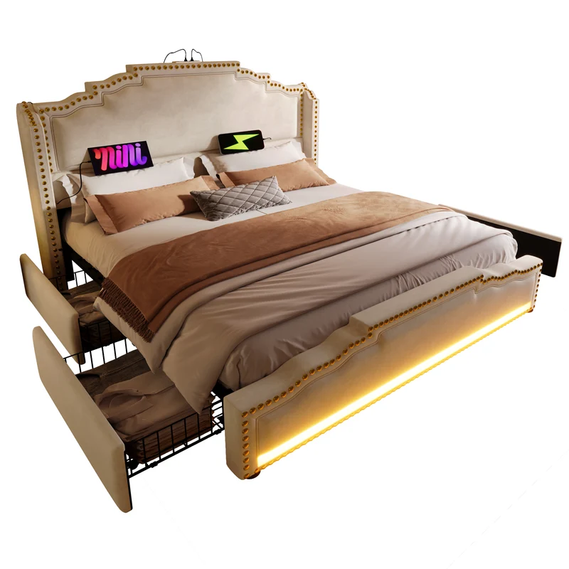 Lit double beige rembourré captionné royal avec éclairage LED et 4 tiroirs 140*200cm STOCZUTS DOUBLE BEIGE