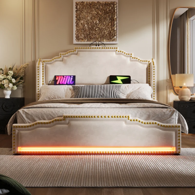 Lit double beige rembourré captionné royal avec éclairage LED et 4 tiroirs 140*200cm STOCZUTS DOUBLE BEIGE