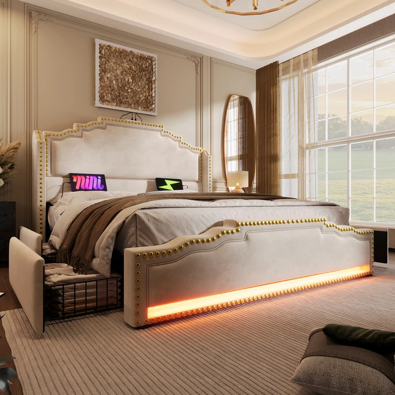 Lit double beige rembourré captionné royal avec éclairage LED et 4 tiroirs 140*200cm STOCZUTS DOUBLE BEIGE