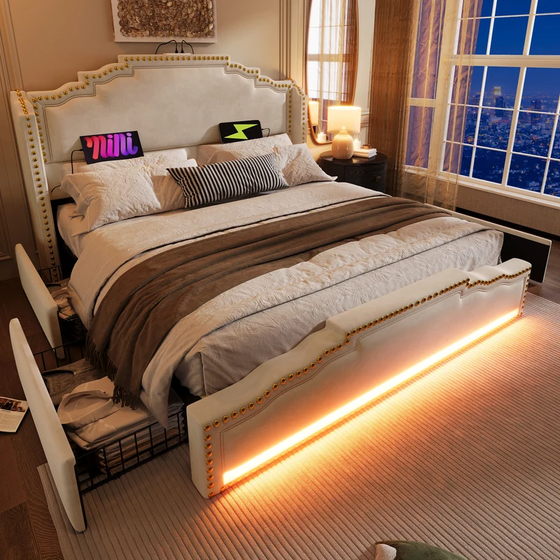 Lit double beige rembourré captionné royal avec éclairage LED et 4 tiroirs 140*200cm STOCZUTS DOUBLE BEIGE