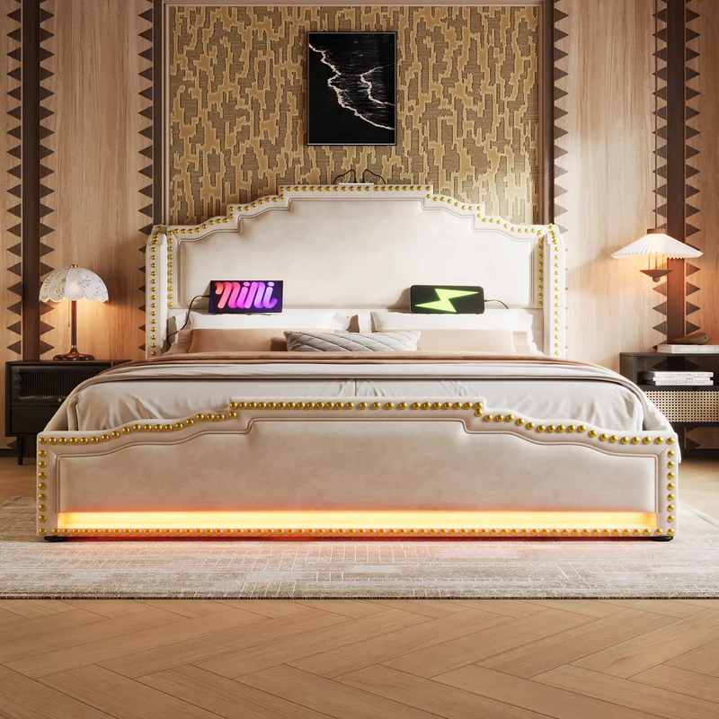 Lit double beige rembourré captionné royal avec éclairage LED et 4 tiroirs 140*200cm STOCZUTS DOUBLE BEIGE