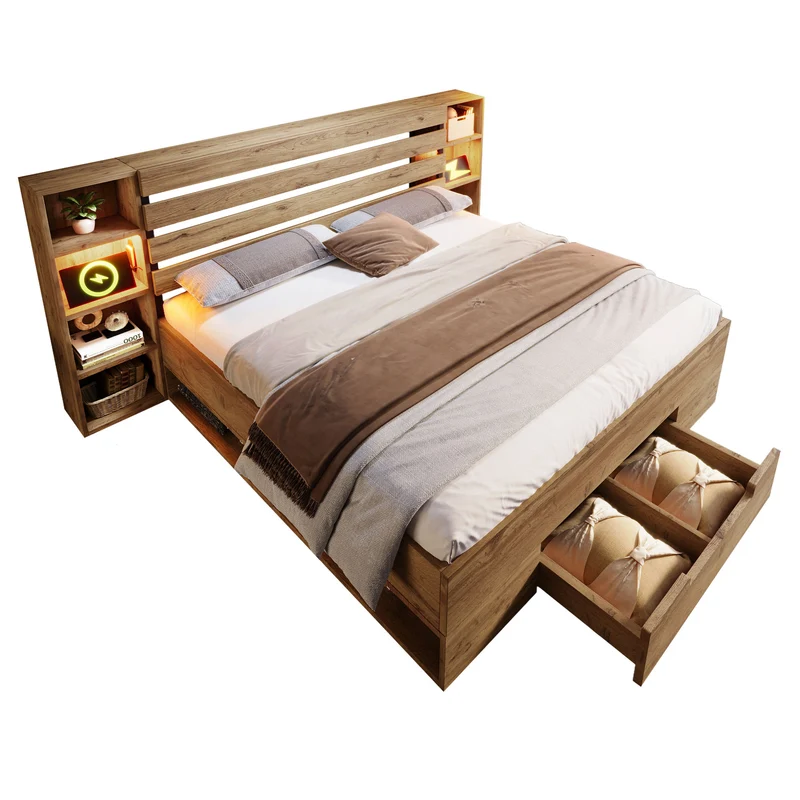 Lit double en bois massif chêne avec éclairage LED étagères et tiroirs rangement prise USB C 160×200cm (sans matelas) IESSAES QUEEN