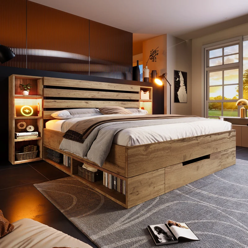 Lit double en bois massif chêne avec éclairage LED étagères et tiroirs rangement prise USB C 160×200cm (sans matelas) IESSAES QUEEN