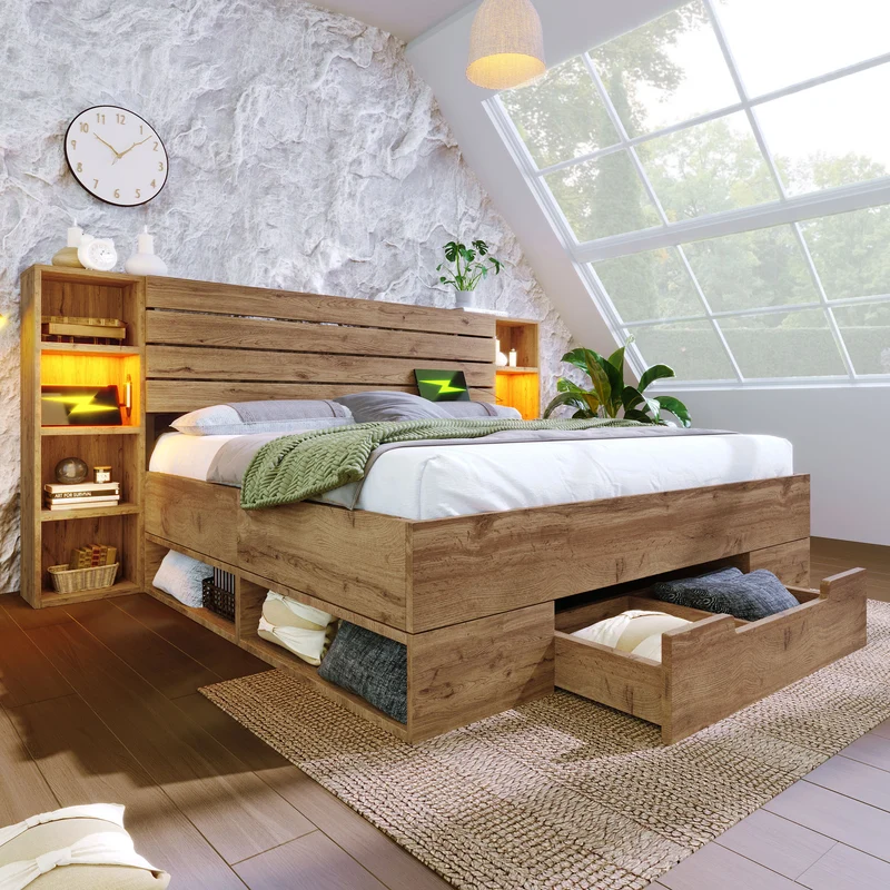 Lit double en bois massif chêne avec éclairage LED étagères et tiroirs rangement prise USB C 160×200cm (sans matelas) IESSAES QUEEN
