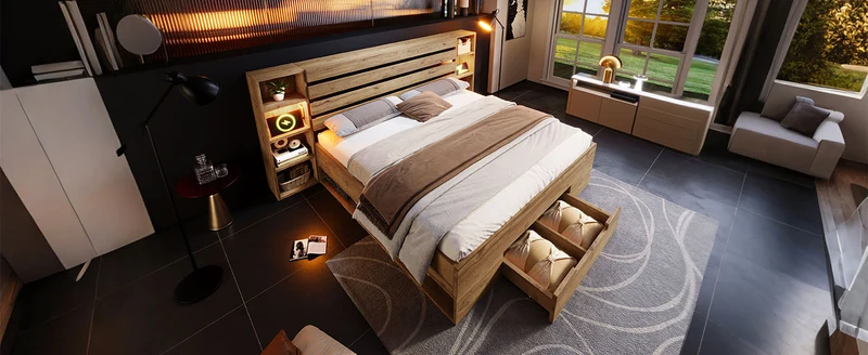 Lit double en bois massif chêne avec éclairage LED étagères et tiroirs rangement prise USB C 160×200cm (sans matelas) IESSAES QUEEN