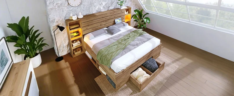 Lit double en bois massif chêne avec éclairage LED étagères et tiroirs rangement prise USB C 160×200cm (sans matelas) IESSAES QUEEN