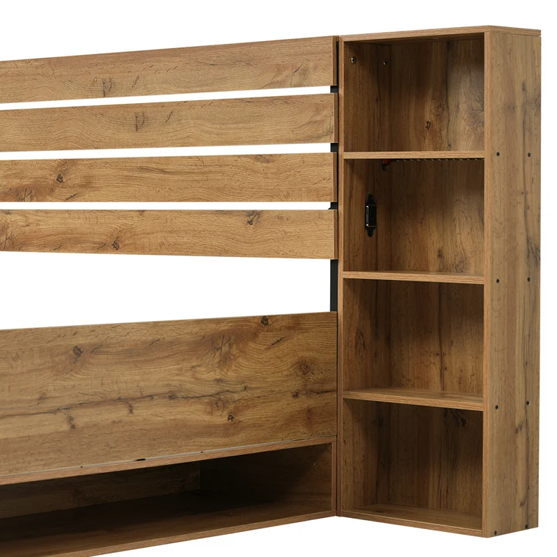 Lit double en bois massif chêne avec éclairage LED étagères et tiroirs rangement prise USB C 160×200cm (sans matelas) IESSAES QUEEN