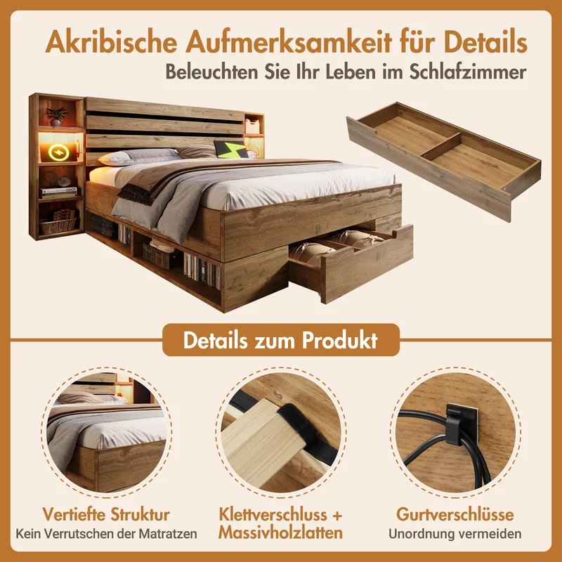 Lit double en bois massif chêne avec éclairage LED étagères et tiroirs rangement prise USB C 160×200cm (sans matelas) IESSAES QUEEN