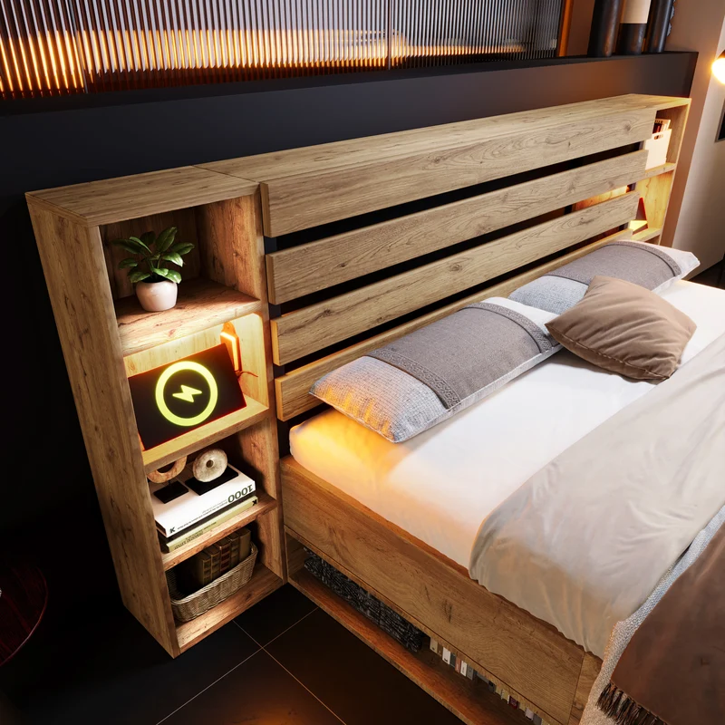 Lit double en bois massif chêne avec éclairage LED étagères et tiroirs rangement prise USB C 160×200cm (sans matelas) IESSAES QUEEN