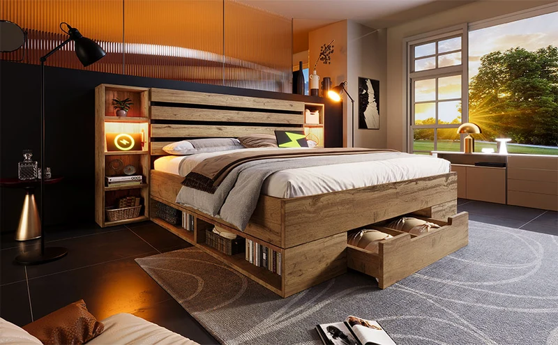 Lit double en bois massif chêne avec éclairage LED étagères et tiroirs rangement prise USB C 160×200cm (sans matelas) IESSAES QUEEN