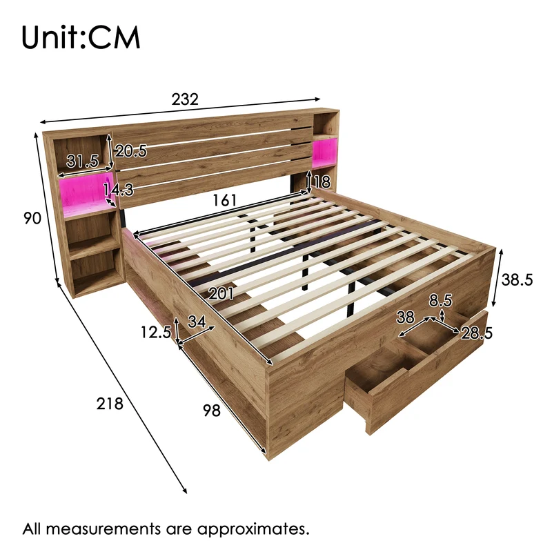 Lit double en bois massif chêne avec éclairage LED étagères et tiroirs rangement prise USB C 160×200cm (sans matelas) IESSAES QUEEN